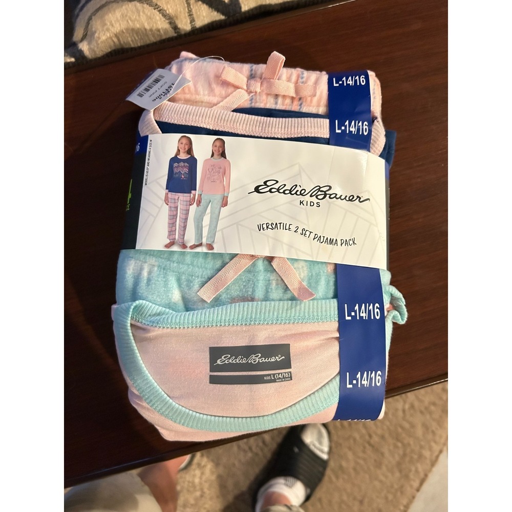 NWT Eddie Bauer Kids Pajama Set Girls L 14/16 Pink Blue Fleece 4 Piece Sleep Set